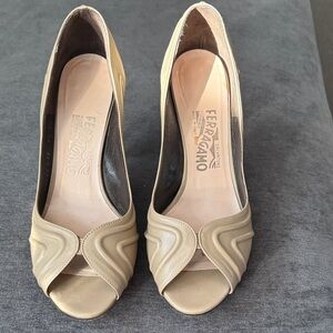 Salvatore Ferragamo Cream Peep Toe Heels
